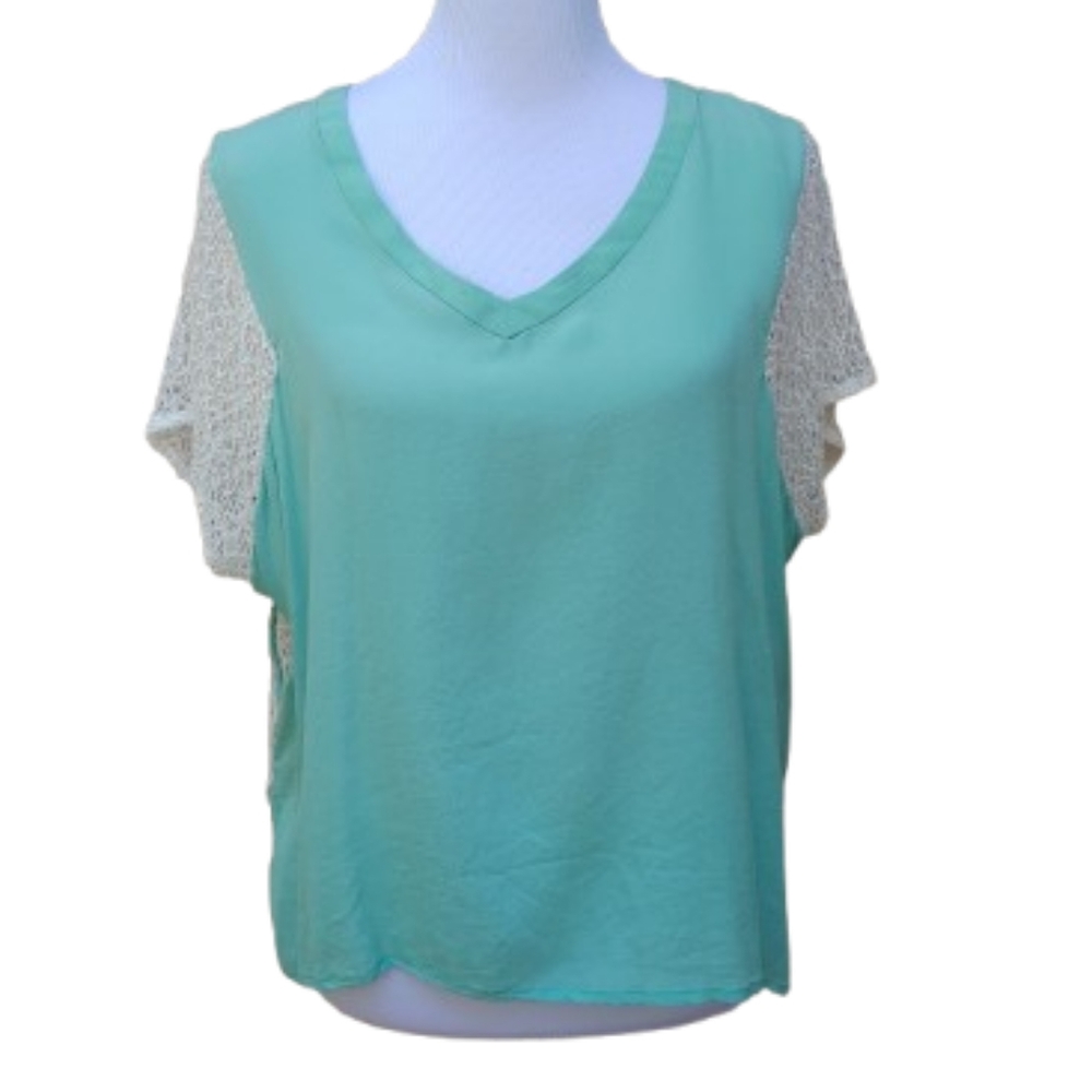 Boundary & Co Mint Green 100% Silk Front Blouse Mixed Media Sheer Ivory Back
